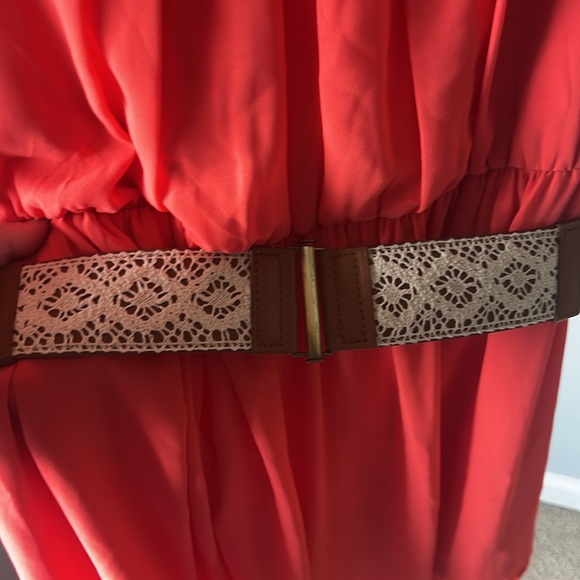 Coral Chiffon Cocktail Dress with Belt - Picture 3 of 5